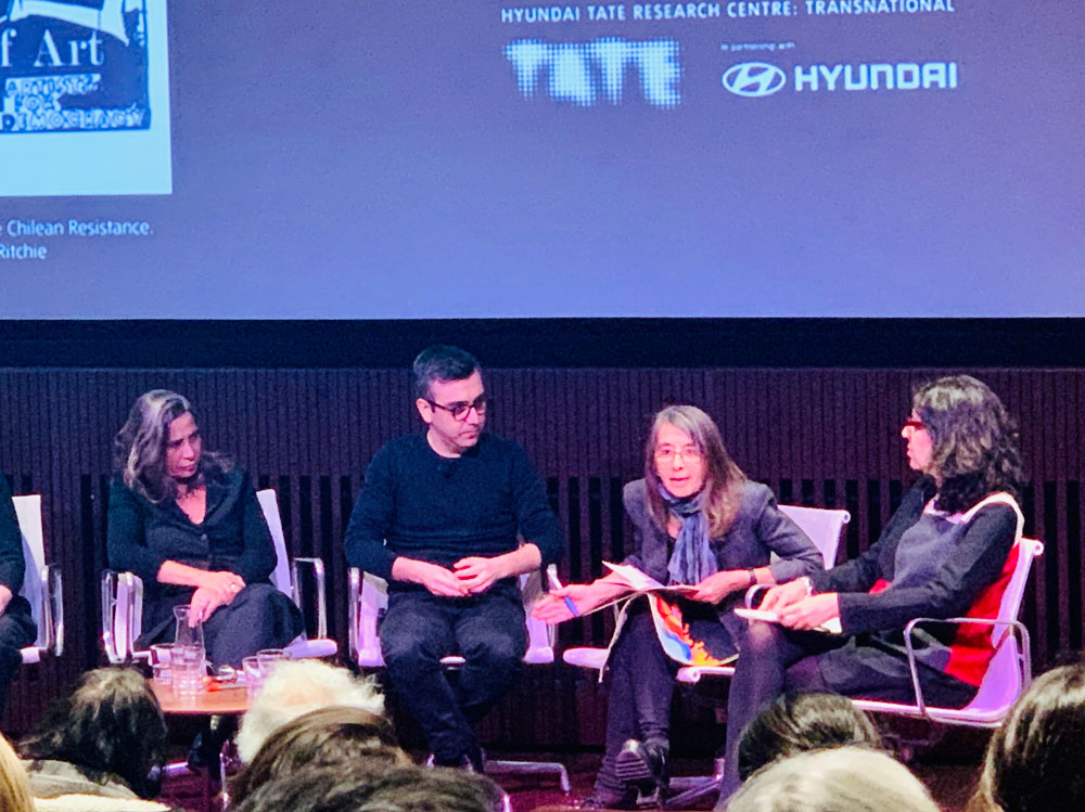 (L-R) Panelists Claudia Zaldívar - Director of the Museo de la Solidaridad Salvador Allende, translator, Roberta Bacic - Conflict Textiles Curator and Alexia Tala - Curator; responding to points from the audience. (Photo: Jonathan Cohen)