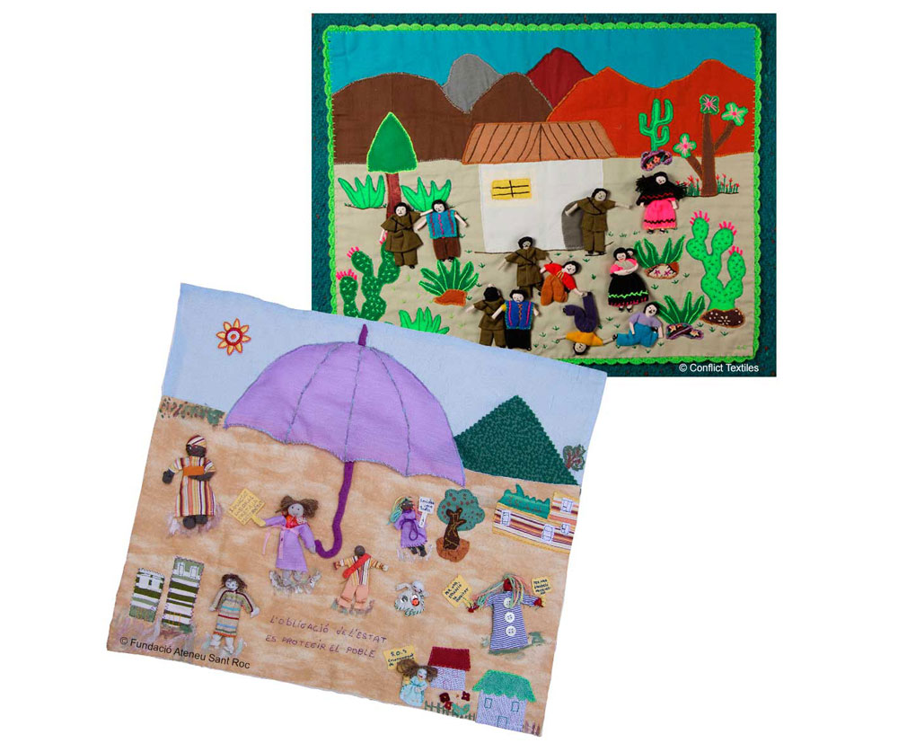 'L’obligació de l’Estat', Arpillera collectiva (taller sobre Drets humans a la Fundació Ateneu Sant Roc) y 'Violencia en Ayacucho / Violence in Ayacucho', por taller FCH Mujeres Creativas. (Foto: Roser Corbera)