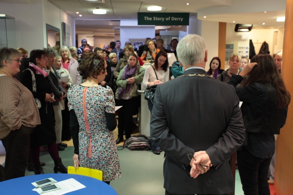 Part of the group of people who attended the launch of the exhibition. (Photo: Martin Melaugh)