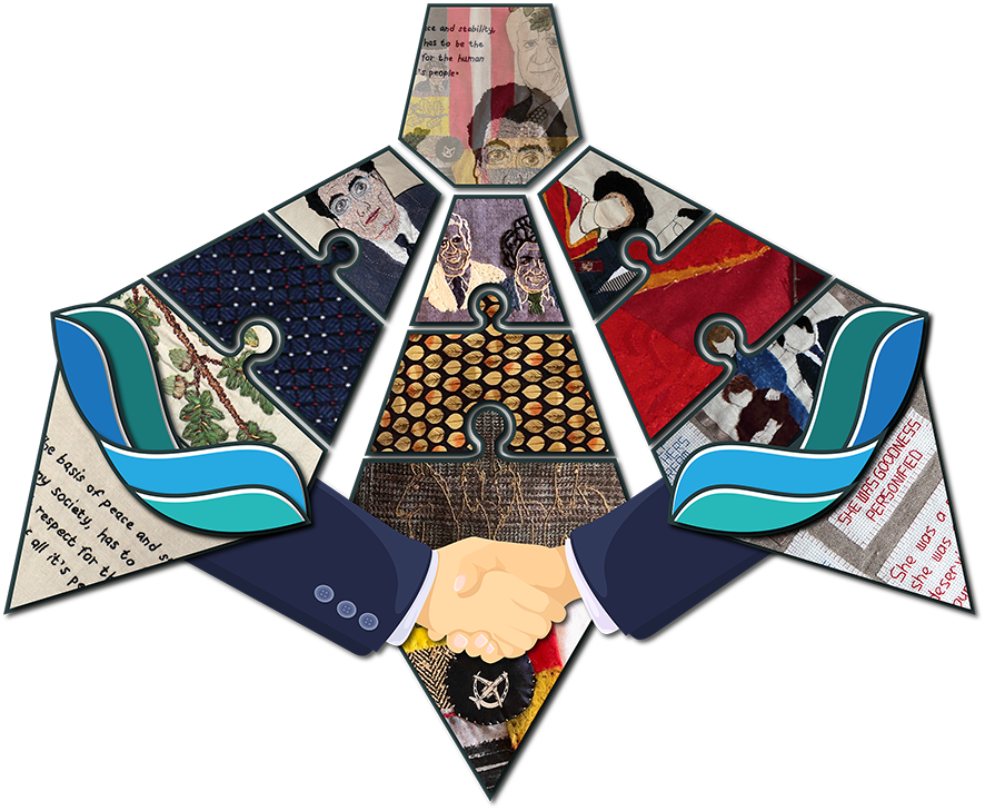A collage featuring three arpilleras at the core of this exhibition; 'Pat Hume', 'Tip O’Neill' and 'John Hume, Peacemaker'. (Design and photo: Leisa Duffy, © Conflict Textiles)
