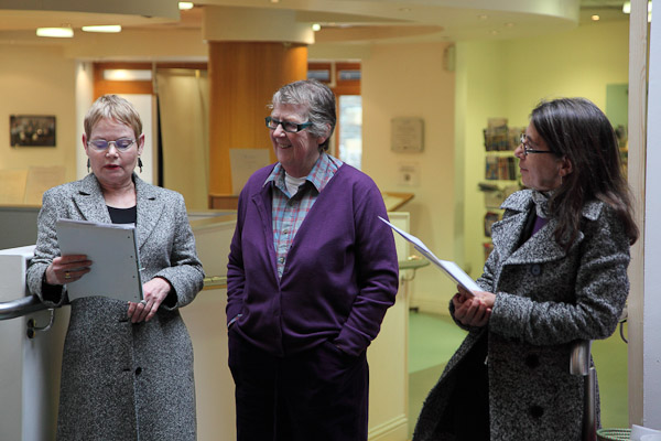 L to R: Anne Montgomery, guest speaker and textile specialist; Irene MacWilliam, artist and quilter; and Roberta Bacic, guest curator. (Photo: Martin Melaugh)