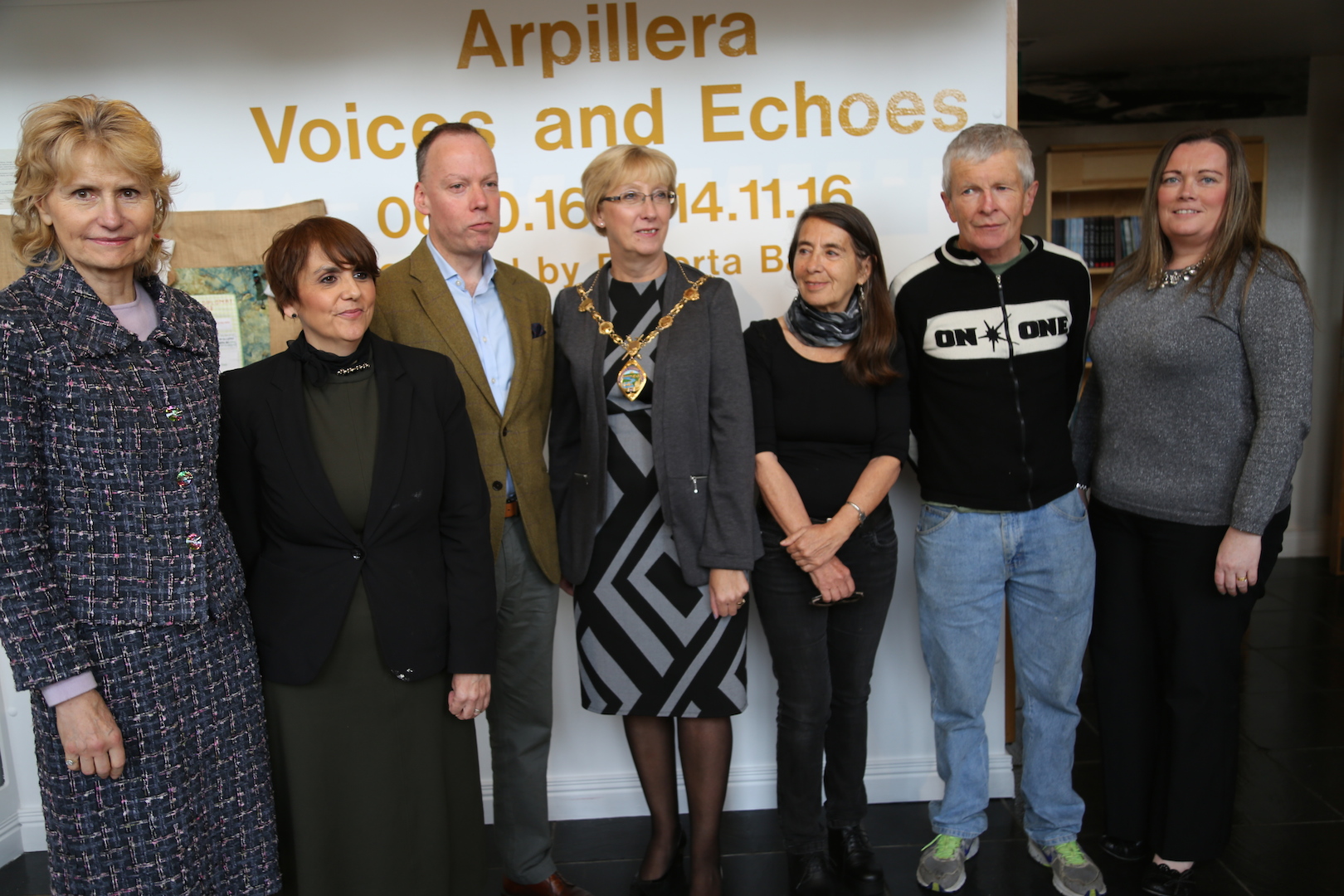 Invited guests and organising team at the exhibition launch, with  Alderman Hilary McClintock, Mayor of Derry City and Strabane District Council and, to her left, Mr Cristián León,Cultural Attache of the Chilean Embassy in London. (Photo: Rory Mc Carron)